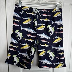 Lands' End Navy Shark Print Lined Drawstring Swim Trunks Shorts L